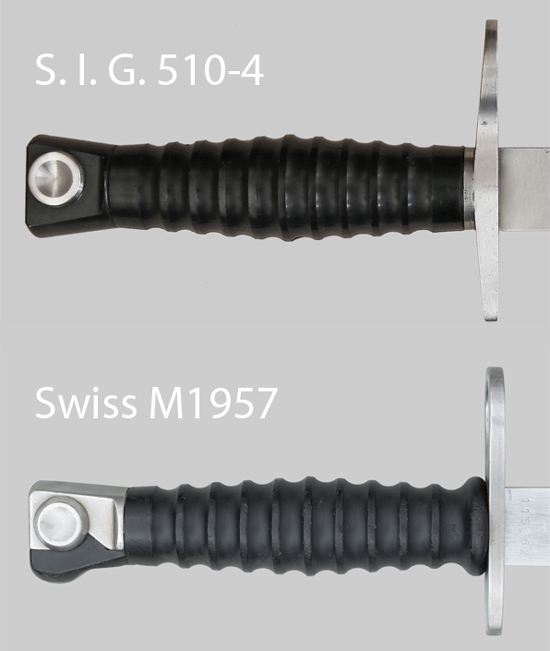 Comparison image of S.I.G. 510-4 and Swiss M1957 bayonet hilts.