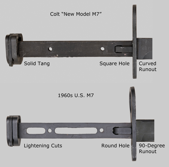 Comparison images of Colt New Model M7 vs. U.S. M7 bayonet-knife.